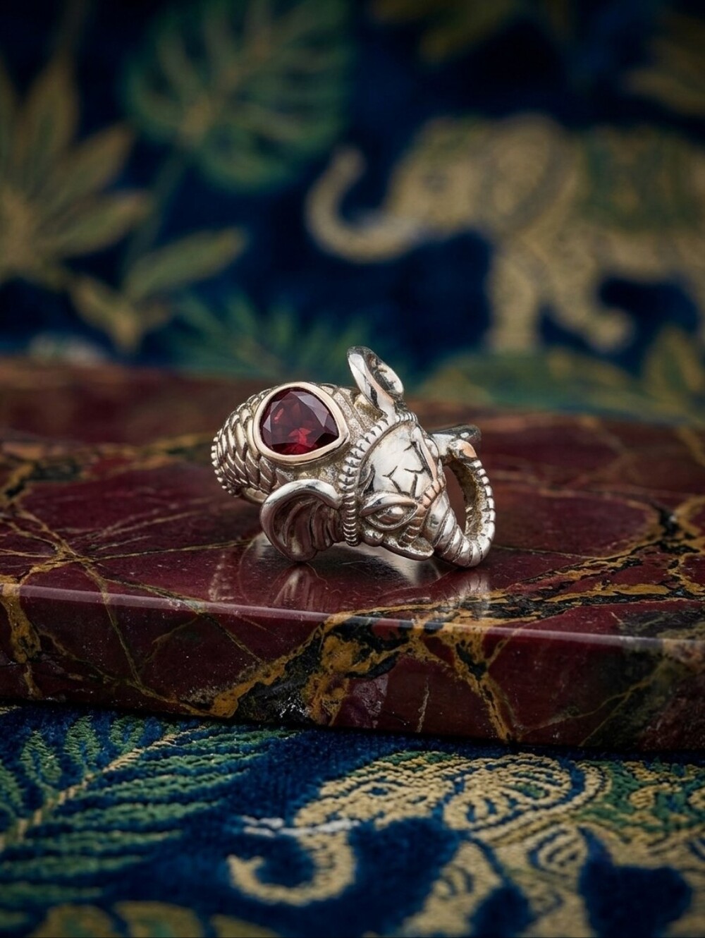 Mozambique Garnet Elephant Head Ring in Platinum Over Copper 1.25 CTW Whimsigoth